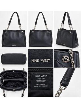 ent sNine West Black Faux Leather Tote Bag with Chain Handles Large Handbag